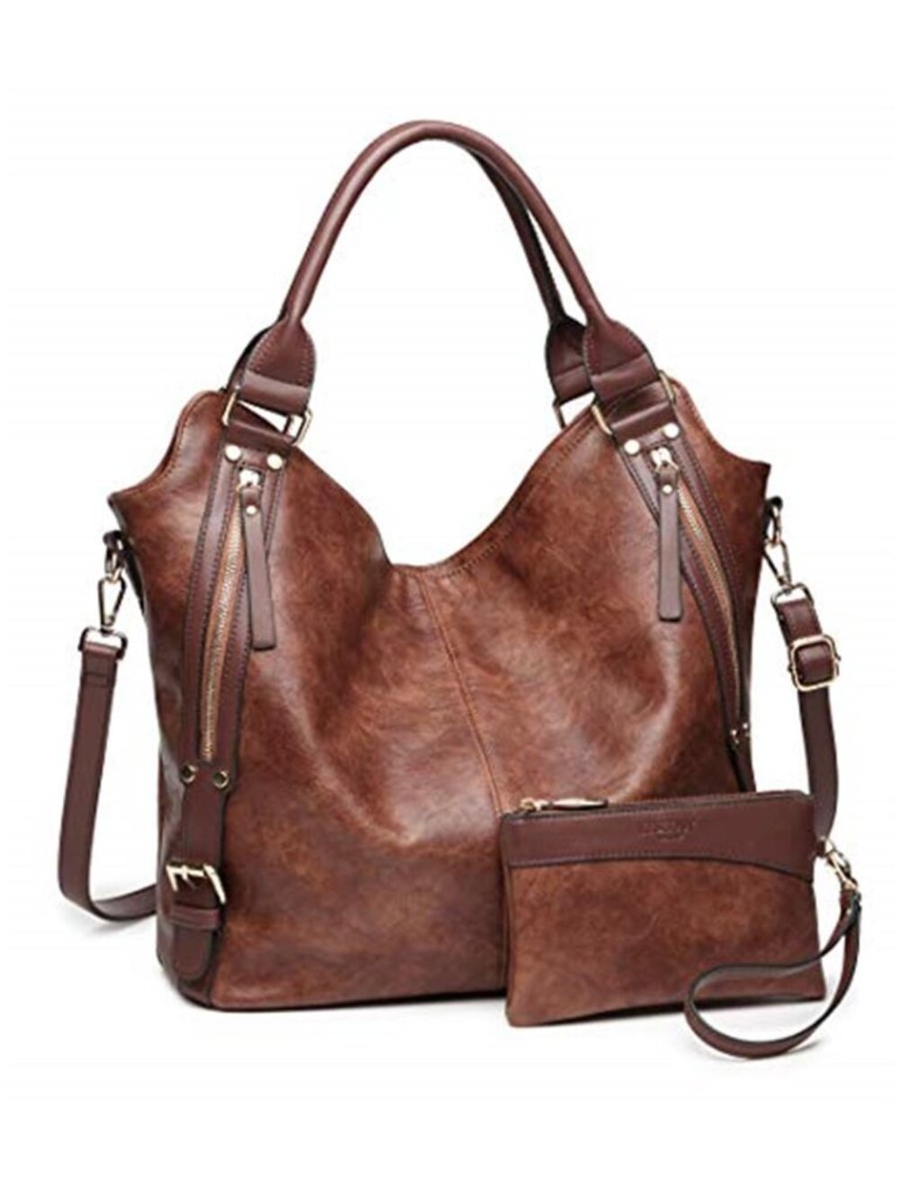 Brown Pu Leather Tote Bag Womens Hobo Shoulder Handbag Purse Zipper Adjustable